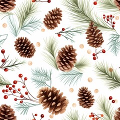 Fototapeta premium Seamless pattern featuring pinecones, evergreen branches, and berries on a light background.