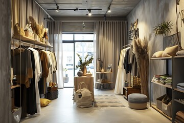 Interior of a modern living room with clothing store, carpeted floor, comfortable sofa and wardrobe