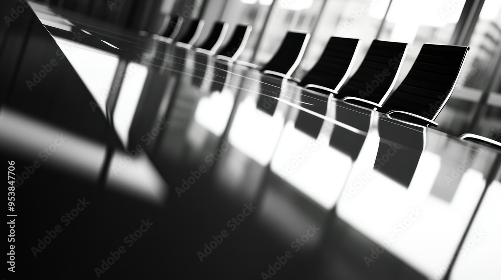 Poster empty chairs around a conference table in a modern office