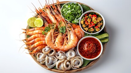 Exquisite Thai Seafood Spread with Prawns,Squid,and Spicy Dipping Sauce on White Background