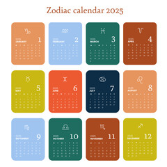 Calendar 2025 with zodiac signs