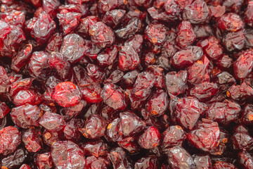 Close up photo of dried cranberries, selective focus.