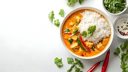 Delicious Thai Curry and Jasmine Rice with Fresh Herbs on a White Background