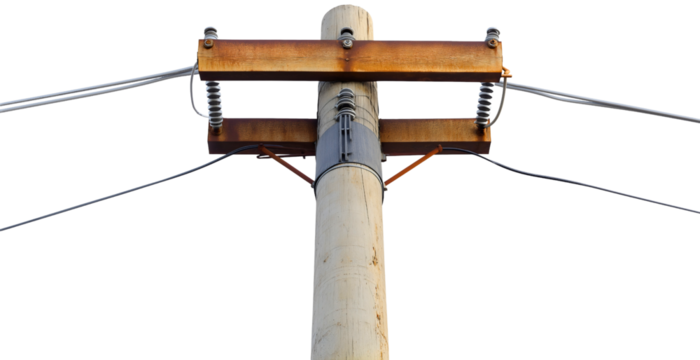 Isolated utility pole, a metal station in the city, engineering and transformer voltage, with telephone and power electric electricity, and wire energy transmission
