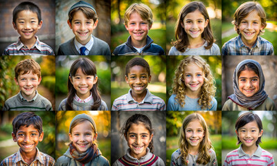 A collage of 15 characters. Happy children 10 year of age