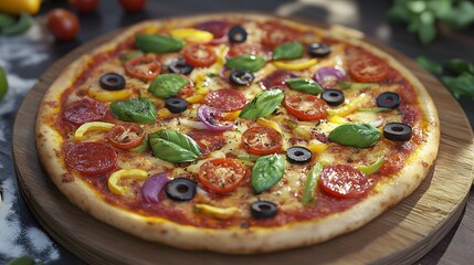 A 3D-rendered pizza topped with a variety of vibrant ingredients ready for the oven