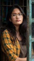 Fototapeta premium A young Asian woman with glasses reflects thoughtfully while leaning against a doorway