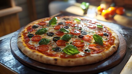 A 3D-rendered pizza topped with a variety of vibrant ingredients ready for the oven