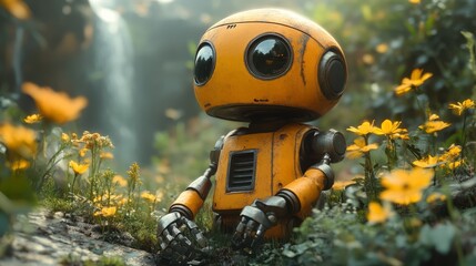 Contemplative Robot in a Flower Garden 