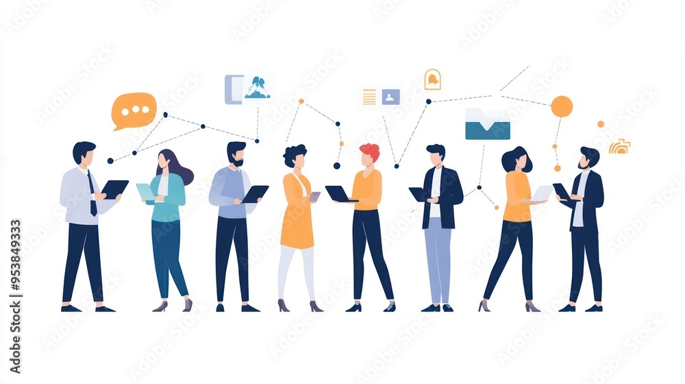 Poster group of diverse professionals collaborating with technology