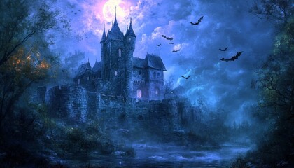 Halloween-Themed Painting of Haunted Castle with Full Moon and Bats Flying Overhead