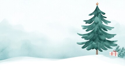 Watercolor Christmas tree with a star on top, standing in a snowy landscape with a gift box, perfect for holiday cards and festive decor.