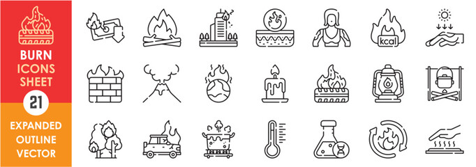 A set of line icons related to Burn. Burn, sun, bonfire, hot, warm, acid, firewall, money, city, skin, candle, car, forest, volcano, and so on. Vector outline icons set.