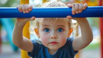Determined Child's Grip on Monkey Bars,Blurred Playground in Background Capturing Strength and Focus