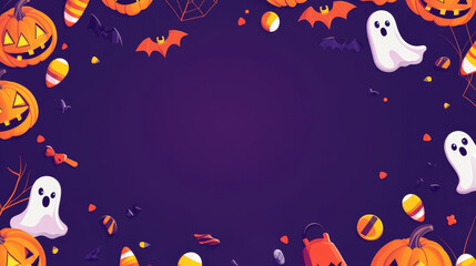 A Halloween themed background with ghosts, bats, and pumpkins