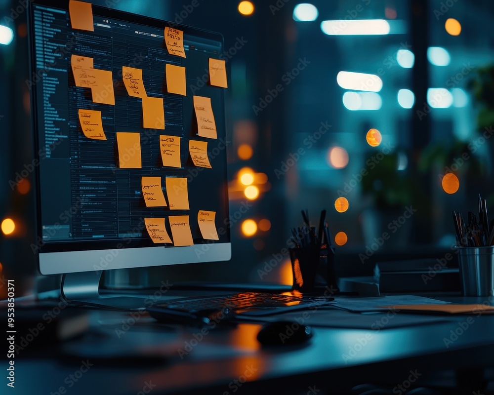 Aufkleber Modern workspace with computer and sticky notes in a dimly lit office setting, showcasing coding and organization.