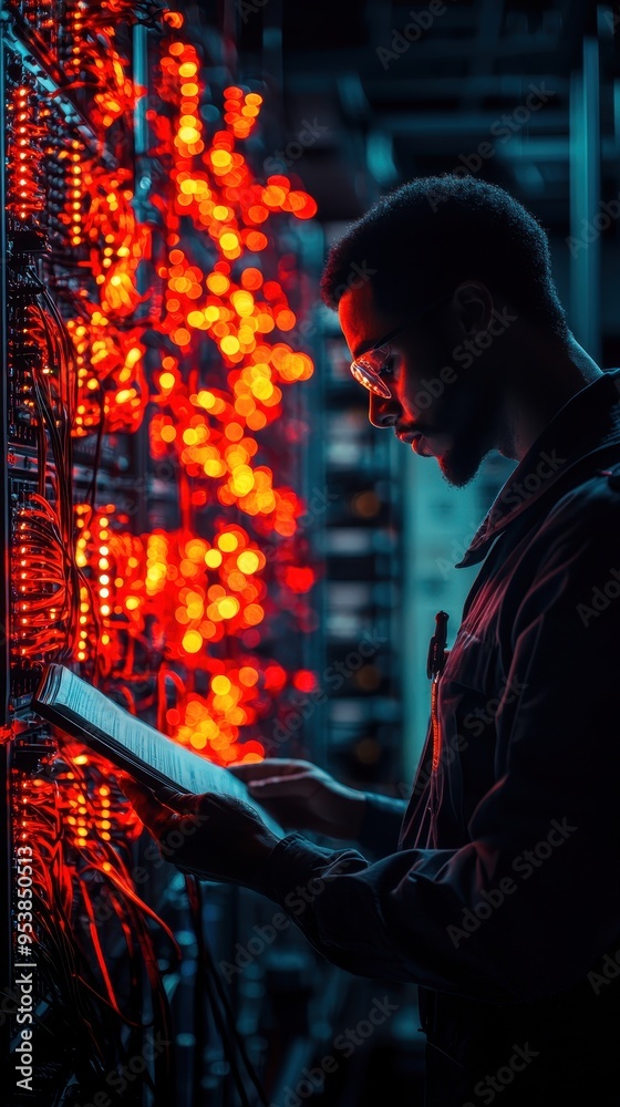 Fototapete Silhouette of a technician at work in a dimly lit server room, surrounded by glowing red indicator lights and advanced network equipment.