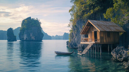 View of Wooden Hut on the Lake