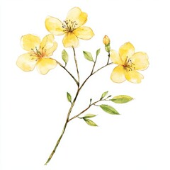 Watercolor Handpainted Pastel Yellow Flower Branch on White Background for Spring and Summer Decor Generative AI