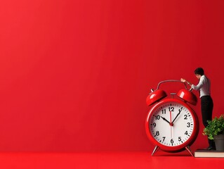A miniature man adjusts a giant red alarm clock against a vibrant red background symbolizing time management and urgency.