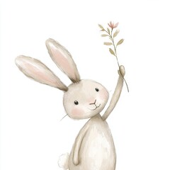 Obraz premium Whimsical Rabbit Holding a Flower in a Dreamy Atmosphere, Ideal for Children's Book Illustrations Generative AI