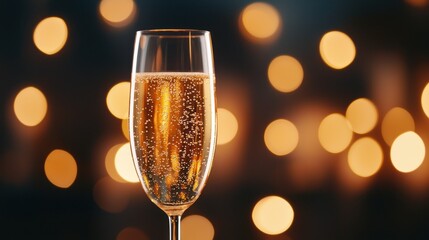 A close-up of a champagne glass with sparkling wine against a festive background of golden bokeh lights, highlighting celebration and elegance.