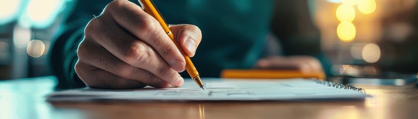 Close-up of a hand holding a pencil writing in a notebook. Inspired and focused work or study environment with a blurred background.