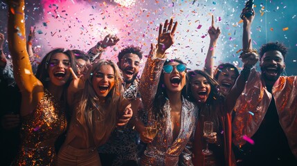 Friends celebrate the arrival of 2025 with joy, confetti, and stylish metallic outfits during an unforgettable New Year's Eve party