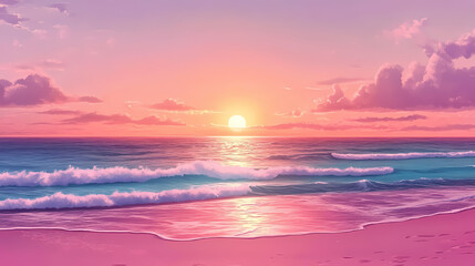 Obraz premium Anime style sunset beach landscape, pink ocean waves at dusk, tropical sea horizon with soft clouds, aesthetic coastal background illustration