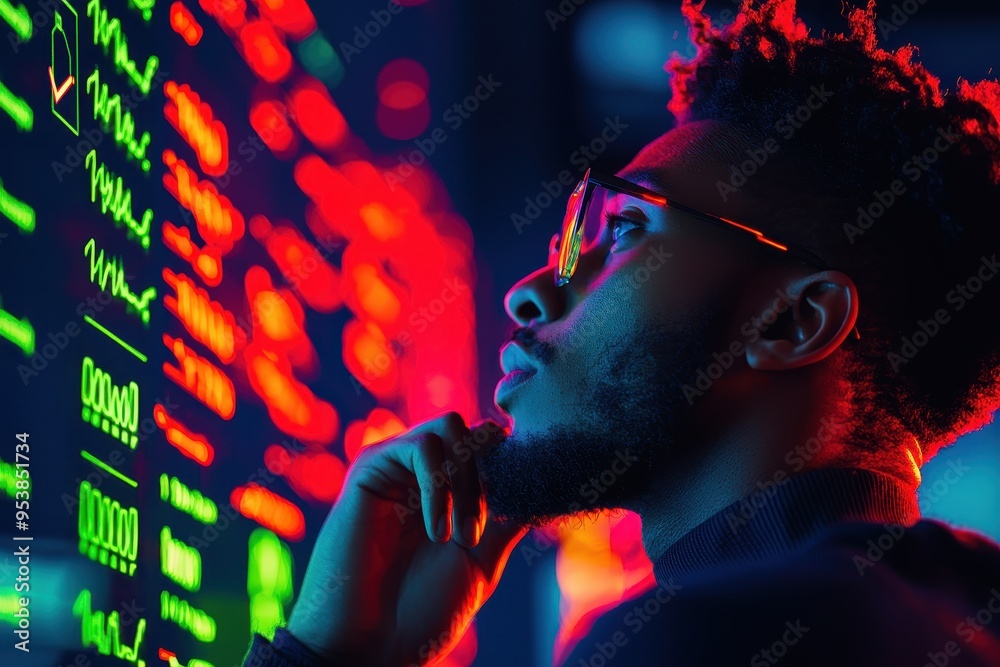 Aufkleber focused individual analyzing digital data on a colorful screen, illustrating technology and data sci