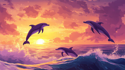 Dolphins leaping at sunset in ocean. Sunset. Illustration