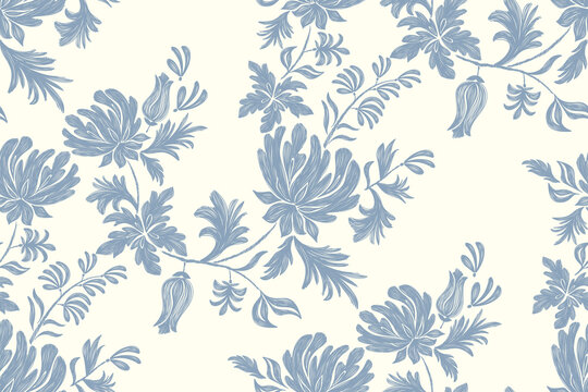 Vintage floral ethnic tapestry modern embroidery texture boho design vector illustration hand drawn silhouette indigo blue flower motif branches leaves wallpaper seamless background border.