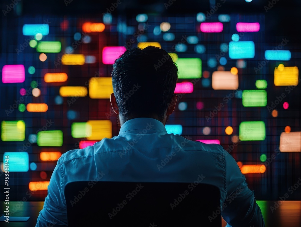 Poster Man in front of multiple computer screens with colorful digital code, representing technology, data analysis, and cybersecurity.