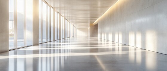 Serene Empty Hallway in Modern Minimalist Building with Bright Lighting and Vacancy Feel