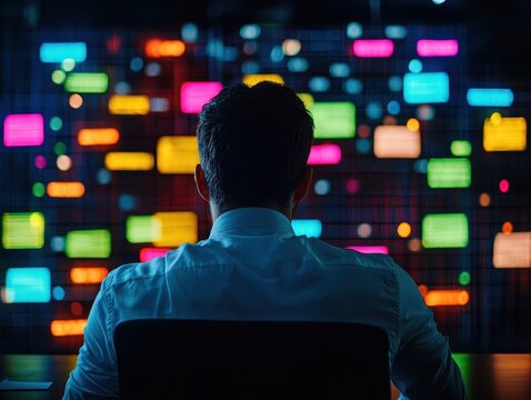 Man in front of multiple computer screens with colorful digital code, representing technology, data analysis, and cybersecurity.