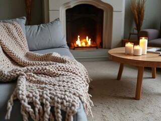a couch with fluffy blankets and a fireplace in the background evokes an atmosphere of comfort and home