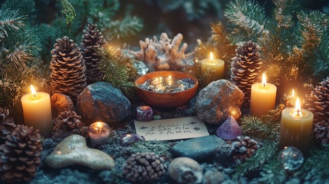 A beautifully arranged winter solstice altar with evergreen branches, crystals, candles, and handwritten intentions for renewal and meditation in a serene setting