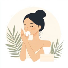 Beautiful Woman Taking Care of Her Skin, Minimalist Neutral Tone, Skincare Routine Generative AI