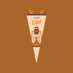 Adventure pennant. Camping Pennant flag design. Vintage outdoor sublimation with retro lantern . Stock graphics on dark background