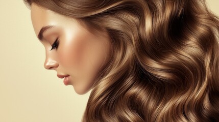 Fototapeta premium Beautiful model girl with long curly hair. Smiling woman hairstyle wavy curls. Fashion, beauty and makeup portrait. Treatment, care and spa procedures.