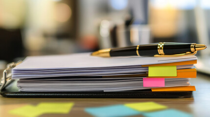 A stack of papers with a pen and a pencil on top