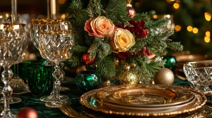 Naklejka premium Elegant Christmas dinner table set with deep green and gold decorations, crystal wine glasses, and a stunning floral centerpiece of roses and fir branches glowing warmly in a festive atmosphere