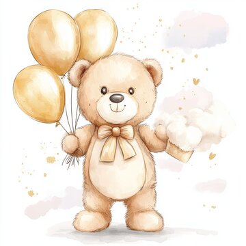 recommend clip art: Cute Teddy Bear Holding Dust Toupe and Gold Balloons on White Background, Perfect for Baby Shower Decorations Generative AI