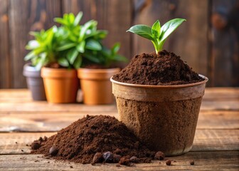 A heap of dark brown Coco Peat soil amendment surrounds a small potted plant, highlighting the sustainable gardening material's moisture-retentive properties and earthy texture.