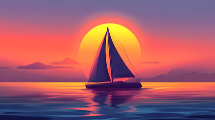 A sailboat is sailing in the ocean at sunset or sunrise or sunset on the water with the sun setting behind it and the horizon. generative ai. Sunset. Illustration
