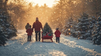 A family joyfully cuts down their own Christmas tree on a snowy day at a tree farm, capturing the spirit of the holiday season together