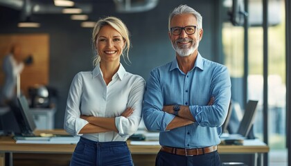 Obraz premium Portrait of Two Happy Executives Standing Together in Modern Office