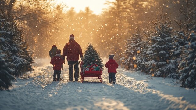 A family joyfully cuts down their own Christmas tree on a snowy day at a tree farm, capturing the spirit of the holiday season together
