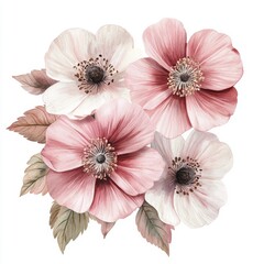 Highly Detailed Watercolor Flowers in Light Pastel Pink and White Colors, Isolated on White Background Generative AI