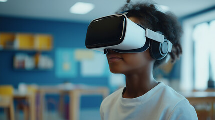 A school student with VR headset using artificial intelligence technology and machine learning Interactive technology in classroom.